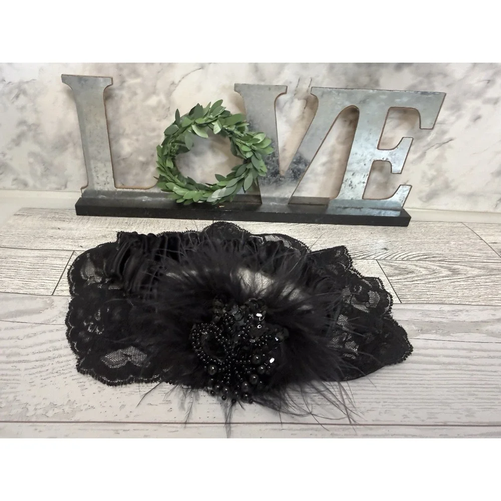 Vintage Victoria's Secret Black‎ Lace Feathers Leg Garter Bride Wedding Y2K EUC